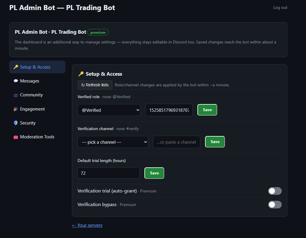 PL Admin Bot web dashboard